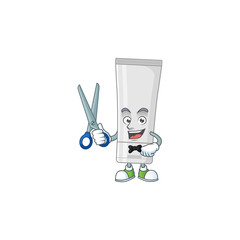 Cute Barber white plastic tube cartoon character style with scissor