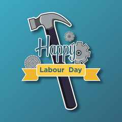 Happy labor day poster or banner. 1 May International Labor Day. with a hammer and gear on a blue background. 