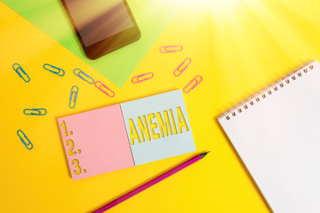 Writing note showing Anemia. Business concept for condition where there deficiency of red cells of...