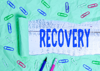 Word writing text Recovery. Business photo showcasing the return to normal state of health mind or...