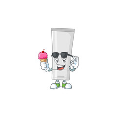 Cute white plastic tube cartoon character enjoying an ice cream