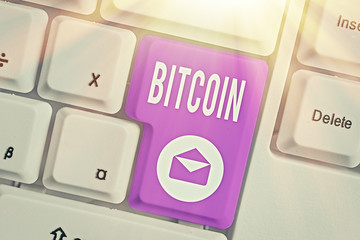 Word writing text Bitcoin. Business photo showcasing Cryptocurrency Blockchain Digital currency...