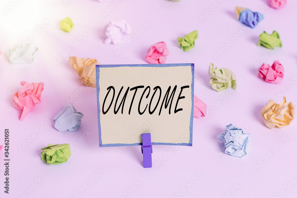 Poster conceptual hand writing showing outcome. concept meaning the final result of something or how the wa