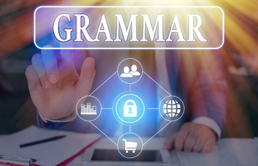 Text sign showing Grammar. Business photo showcasing whole system and structure of a language or of...