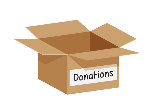 empty donation box isolated on white background, open box blank for donations, illustration of donate cardboard box paper brown, clip art donated crate boxes open for packaging, carton box donating