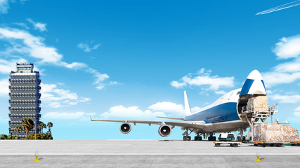 loading cargo airplane on airport runway wide panorama landscape with freight containers and...