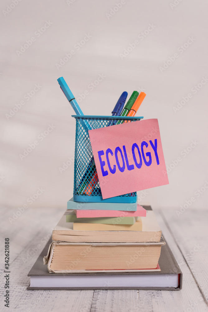 Poster handwriting text ecology. conceptual photo branch of science relation organisms environment scientif