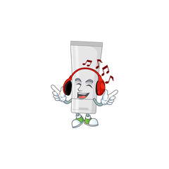Cartoon mascot design white plastic tube enjoying music with headset