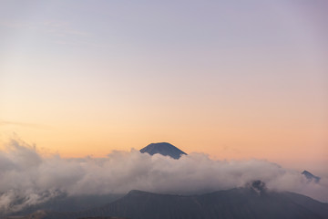 Scenery view of Mount Semeru volcano at dawn. Semeru, the highest volcano on Java, and one of its most active volcano in Indonesia.