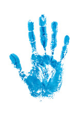 Blue watercolor print of human hand on white background isolated close up, handprint illustration, colorful palm and fingers silhouette mark, one hand shape painted stamp, stop sign, drawing imprint