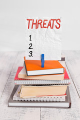Writing note showing Threats. Business concept for Statement of an intention to inflict pain...