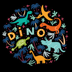 Children's illustration with a hand-drawn dinosaur in the Scandinavian style. Vector children's background for fabric, textiles, paper