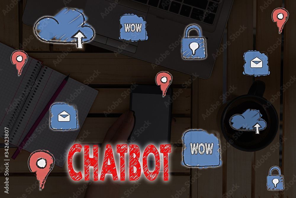Poster writing note showing chatbot. business concept for a kind of computer program that simulates convers