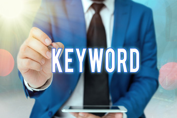 Word writing text Keyword. Business photo showcasing word which acts as the key to a code Concept...