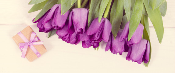 Vintage photo, Purple tulips and gift for different occasions or celebration