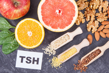 Products and ingredients as source vitamins and minerals. Beneficial eating for thyroid gland