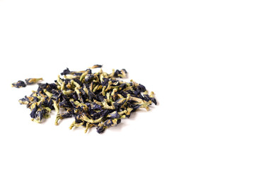 Organic tea - blue tea, Clitoria flower tea. Dry flowers on a white background. Copy space