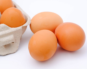 Close-up view of raw chicken eggs on background © ric