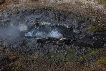 Beautiful colourful Icelandic landscape lava fields mountain geysers zigzag road and moss-covered stones Namafjall, Iceland.