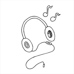 vector isolated doodle element, headphones with music, coloring book