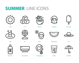 set of summer icons, hot, ice cream, sun, drinks