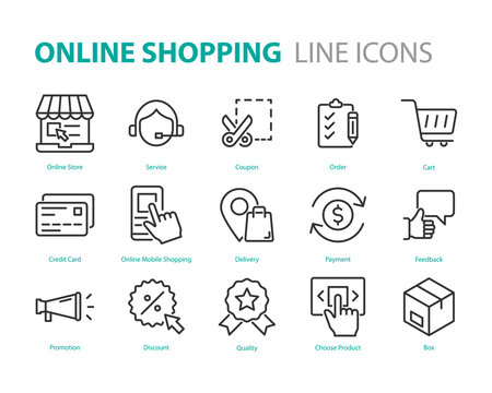set of online shopping icons, e-commerce, delivery, cart, buy