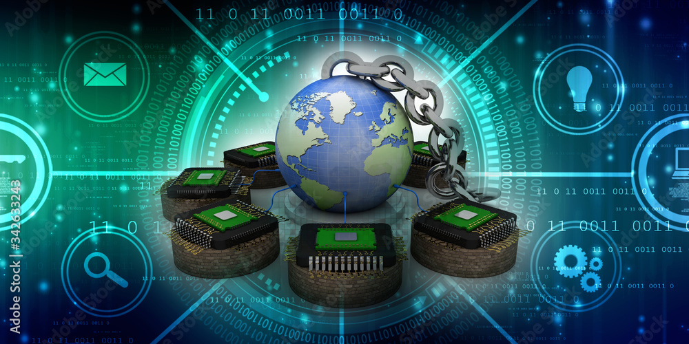 Poster 3d rendering microchips with chain