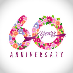 60 th anniversary numbers. 60 years old logotype. Floral pink congrats. Isolated abstract graphic design template. Creative holiday digits with vector mask. Up to 60%, -60% percent off discount.