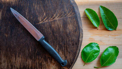 kitchen knife and green lemon leaf on wood cutting board.