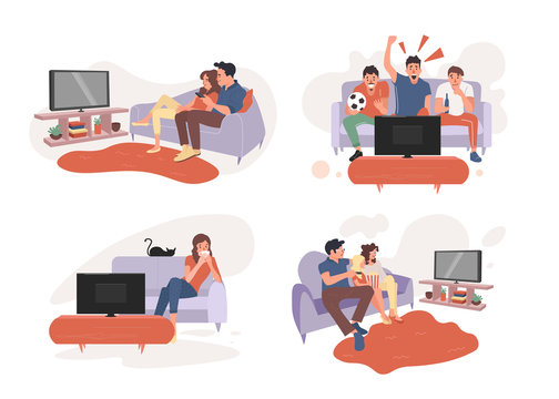 Young couple watch tv together.Fans watching the live broadcast of the match on TV.Parent couple and girl watching TV.Young woman watches TV. Vector illustration