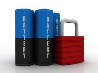 3d rendering Electrical energy and power supply source concept, accumulator battery protection lock