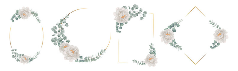 Wedding flower photo frame set Composed of white peony and eucalyptus leaves. Golden flower frame. © Panupon