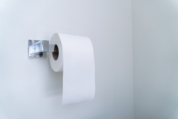 A roll of white tissue paper or toilet paper hanging on a chrome toilet roll holder with copy space.