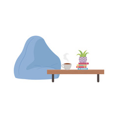 stay at home, bean chair clock table with coffee cup and books