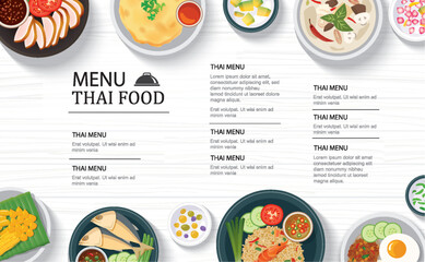 thai food menu restaurant on a white wooden table top template background. Use for poster, print, flyer, brochure. - obrazy, fototapety, plakaty