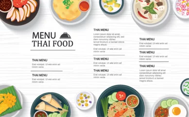 Fotobehang thai food menu restaurant on a white wooden table top template background. Use for poster, print, flyer, brochure. © kaisorn