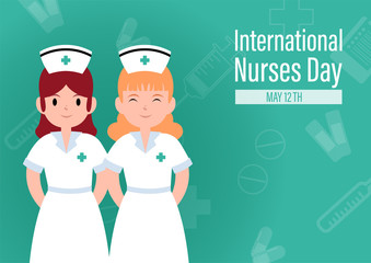 Nurses in cartoon character with wording about international nurse day and example texts on medical object pattern and green background.