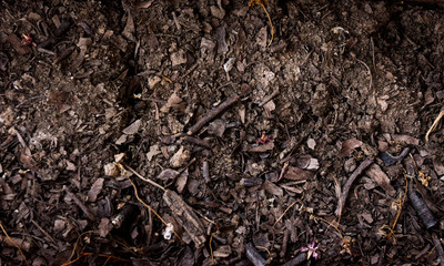 Soil dark ground surface top view texture and background.