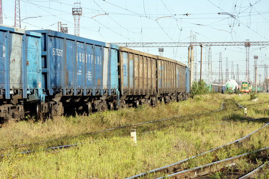 Kharkiv, Ukraine - August 23, 2018: Cargo wagons parked at the railway station Osnova, in Kharkiv, Ukraine