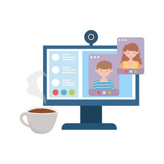 stay at home, online meeting people computer coffee cup
