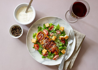 Caesar salad with chicken. Healthy eating. Diet. Recipes of national dishes.