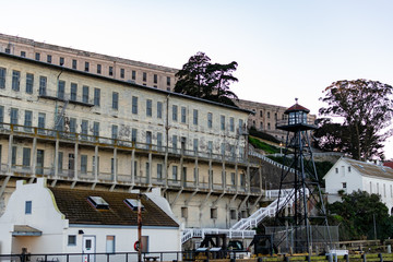 Guard tower, barracks apartment  at Alcatraz Island Prison, San Francisco California USA, March 30,...