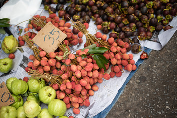 Close up friut and raw food in street market Thailand.