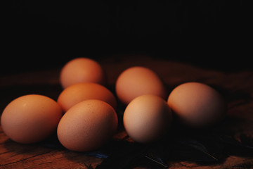 close up egg on wood wood background and space