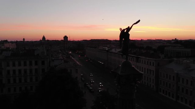 Aerial view of the Column of Glory and the Trinity Cathedral at sunrise, Saint Petersburg, Russia