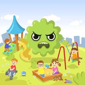 Green cartoon Virus floating over the playground full of children. Stay home concept. Ncov, covid 2019 prevention, coronavirus pandemic. Cartoon flat vector illustration.