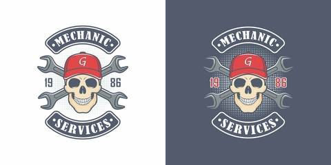 Set of color illustrations skull mechanic in a cap, crossed wrenches and text on a colored background .Vector illustration advertises a car and motorcycle repair workshop. Mechanic services.