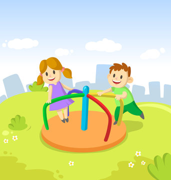 Girl and boy ride on small carousel in recreation park on city and blue sky background. Children's games in amusement park. Funny cartoon characters. Colorful cartoon flat vector illustration.