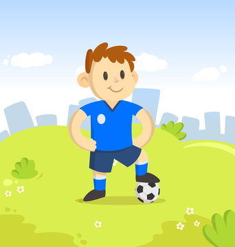 Smiling young football player with his foot on football. Cartoon character standing in the city park. Sport and fitness. Colorful cartoon flat vector illustration.