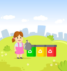 Obraz na płótnie Canvas Cute little girl holding garbage plastic bag standing near containers with different types of recycling waste. Segregate waste, sorting management concept. Colorful cartoon flat vector illustration.